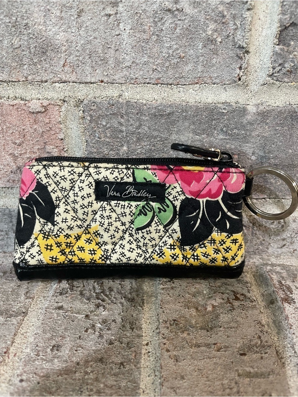 Vera Bradley Floral Zip Key Pouch in Pink, Yellow & Black